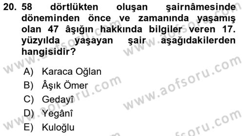 Türk Halk Şiiri Dersi 2019 - 2020 Yılı (Final) Dönem Sonu Sınav Soruları 20. Soru