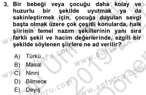 Türk Halk Şiiri Dersi 2019 - 2020 Yılı (Final) Dönem Sonu Sınav Soruları 3. Soru