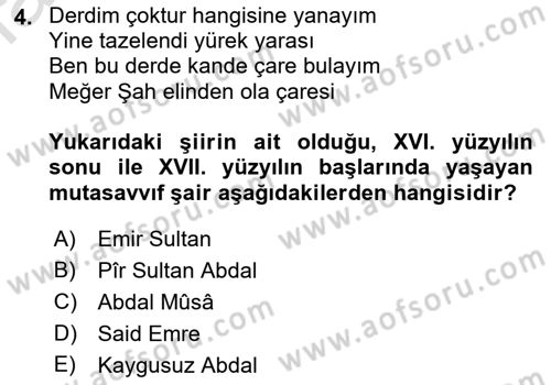 Türk Halk Şiiri Dersi 2019 - 2020 Yılı (Final) Dönem Sonu Sınav Soruları 4. Soru