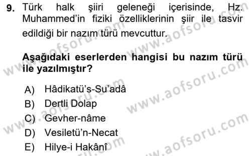Türk Halk Şiiri Dersi 2019 - 2020 Yılı (Final) Dönem Sonu Sınav Soruları 9. Soru