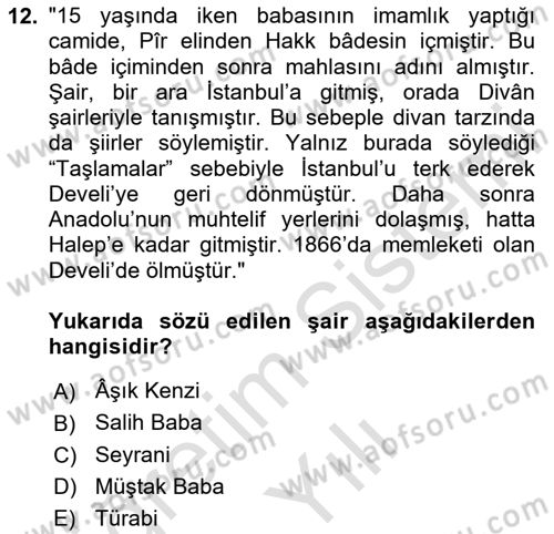Türk Halk Şiiri Dersi 2020 - 2021 Yılı Yaz Okulu Sınav Soruları 12. Soru