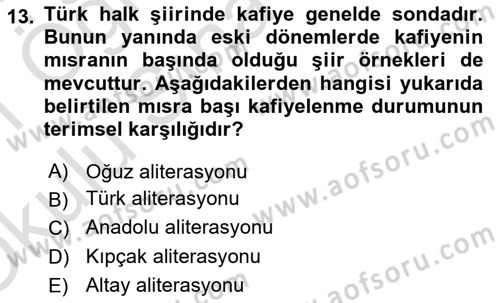 Türk Halk Şiiri Dersi 2020 - 2021 Yılı Yaz Okulu Sınav Soruları 13. Soru
