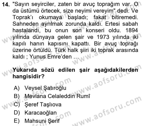 Türk Halk Şiiri Dersi 2020 - 2021 Yılı Yaz Okulu Sınav Soruları 14. Soru