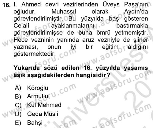 Türk Halk Şiiri Dersi 2020 - 2021 Yılı Yaz Okulu Sınav Soruları 16. Soru