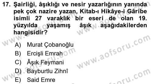 Türk Halk Şiiri Dersi 2020 - 2021 Yılı Yaz Okulu Sınav Soruları 17. Soru