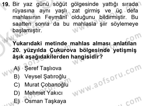 Türk Halk Şiiri Dersi 2020 - 2021 Yılı Yaz Okulu Sınav Soruları 19. Soru