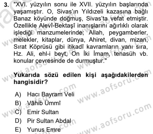 Türk Halk Şiiri Dersi 2020 - 2021 Yılı Yaz Okulu Sınav Soruları 3. Soru