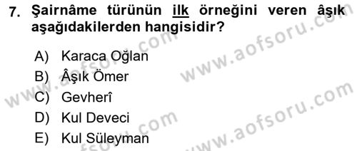 Türk Halk Şiiri Dersi 2020 - 2021 Yılı Yaz Okulu Sınav Soruları 7. Soru