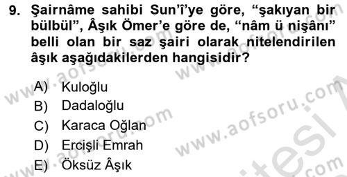 Türk Halk Şiiri Dersi 2020 - 2021 Yılı Yaz Okulu Sınav Soruları 9. Soru