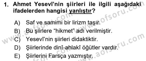 Türk Halk Şiiri Dersi Ara Sınavı Deneme Sınav Soruları 1. Soru