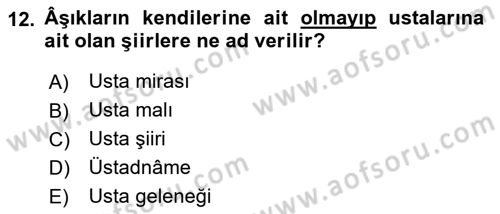 Türk Halk Şiiri Dersi Ara Sınavı Deneme Sınav Soruları 12. Soru