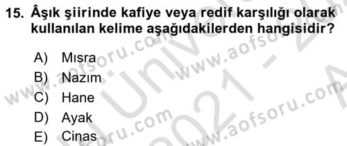 Türk Halk Şiiri Dersi Ara Sınavı Deneme Sınav Soruları 15. Soru