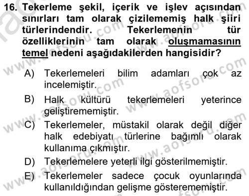 Türk Halk Şiiri Dersi Ara Sınavı Deneme Sınav Soruları 16. Soru