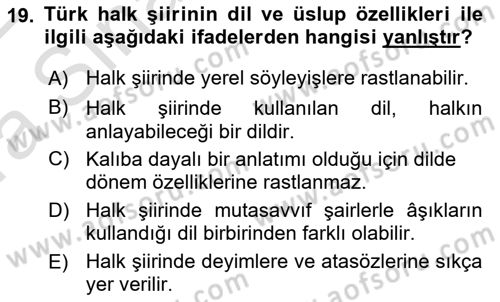 Türk Halk Şiiri Dersi Ara Sınavı Deneme Sınav Soruları 19. Soru