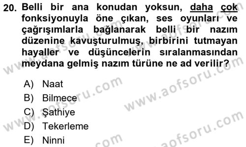 Türk Halk Şiiri Dersi 2021 - 2022 Yılı (Vize) Ara Sınav Soruları 20. Soru