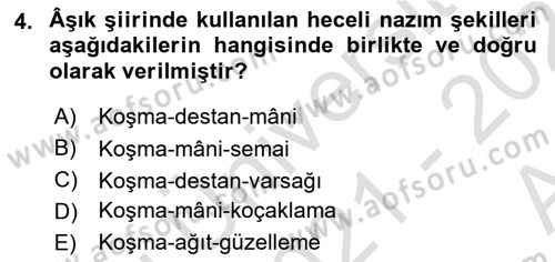 Türk Halk Şiiri Dersi Ara Sınavı Deneme Sınav Soruları 4. Soru