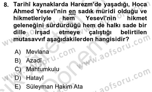 Türk Halk Şiiri Dersi 2021 - 2022 Yılı (Vize) Ara Sınav Soruları 8. Soru