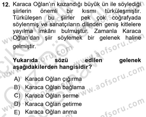 Türk Halk Şiiri Dersi 2021 - 2022 Yılı (Final) Dönem Sonu Sınav Soruları 12. Soru