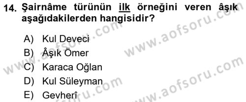 Türk Halk Şiiri Dersi 2021 - 2022 Yılı (Final) Dönem Sonu Sınav Soruları 14. Soru