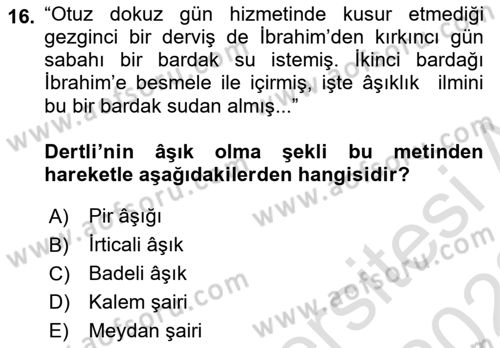 Türk Halk Şiiri Dersi 2021 - 2022 Yılı (Final) Dönem Sonu Sınav Soruları 16. Soru