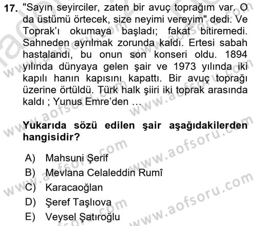 Türk Halk Şiiri Dersi 2021 - 2022 Yılı (Final) Dönem Sonu Sınav Soruları 17. Soru