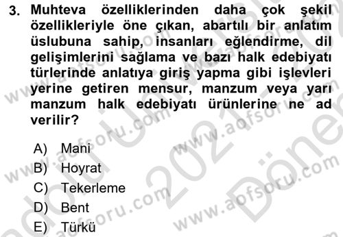 Türk Halk Şiiri Dersi 2021 - 2022 Yılı (Final) Dönem Sonu Sınav Soruları 3. Soru
