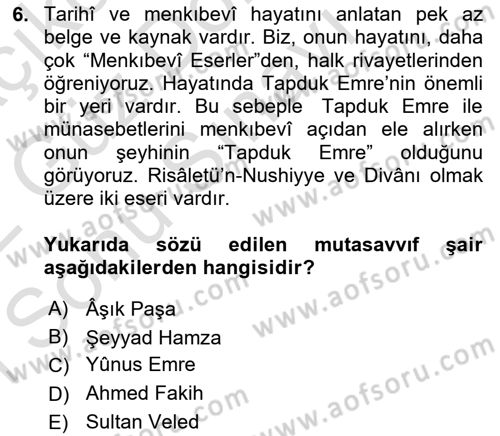 Türk Halk Şiiri Dersi 2021 - 2022 Yılı (Final) Dönem Sonu Sınav Soruları 6. Soru
