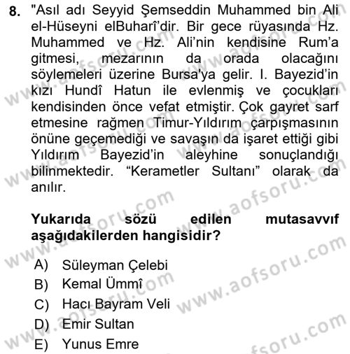 Türk Halk Şiiri Dersi 2021 - 2022 Yılı (Final) Dönem Sonu Sınav Soruları 8. Soru