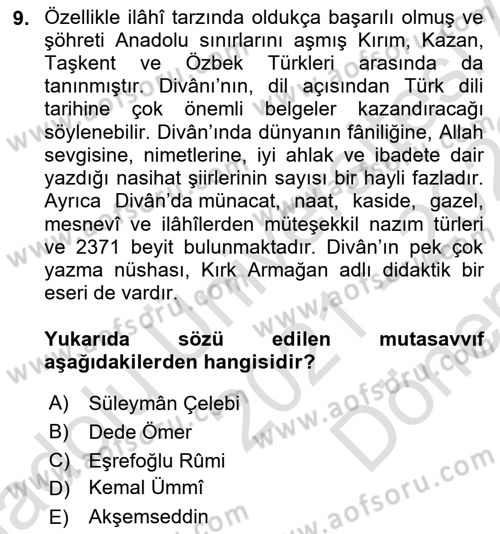 Türk Halk Şiiri Dersi 2021 - 2022 Yılı (Final) Dönem Sonu Sınav Soruları 9. Soru