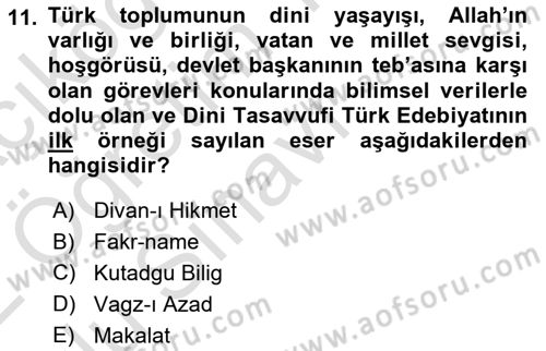 Türk Halk Şiiri Dersi 2021 - 2022 Yılı Yaz Okulu Sınavı 11. Soru
