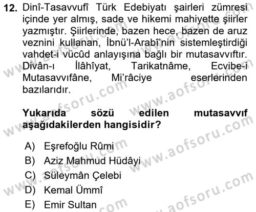 Türk Halk Şiiri Dersi 2021 - 2022 Yılı Yaz Okulu Sınavı 12. Soru