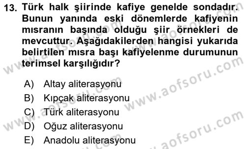 Türk Halk Şiiri Dersi 2021 - 2022 Yılı Yaz Okulu Sınavı 13. Soru