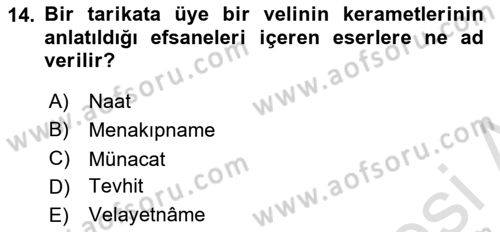 Türk Halk Şiiri Dersi 2021 - 2022 Yılı Yaz Okulu Sınavı 14. Soru