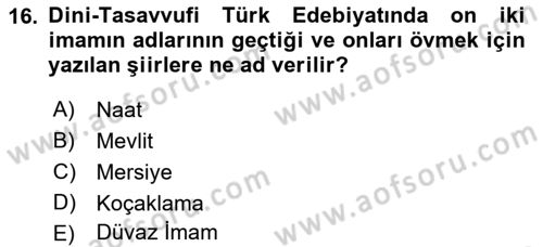 Türk Halk Şiiri Dersi 2021 - 2022 Yılı Yaz Okulu Sınavı 16. Soru