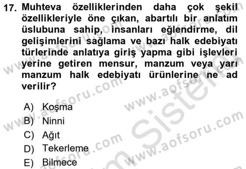 Türk Halk Şiiri Dersi 2021 - 2022 Yılı Yaz Okulu Sınavı 17. Soru