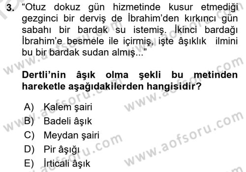 Türk Halk Şiiri Dersi 2021 - 2022 Yılı Yaz Okulu Sınavı 3. Soru