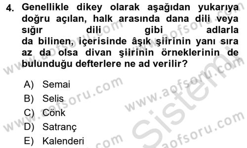 Türk Halk Şiiri Dersi 2021 - 2022 Yılı Yaz Okulu Sınavı 4. Soru