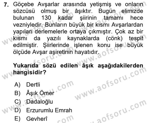 Türk Halk Şiiri Dersi 2021 - 2022 Yılı Yaz Okulu Sınavı 7. Soru