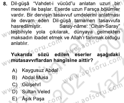 Türk Halk Şiiri Dersi 2021 - 2022 Yılı Yaz Okulu Sınavı 8. Soru