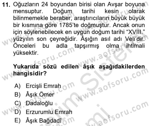 Türk Halk Şiiri Dersi 2022 - 2023 Yılı (Final) Dönem Sonu Sınav Soruları 11. Soru