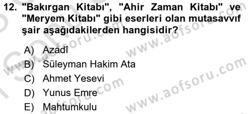 Türk Halk Şiiri Dersi 2022 - 2023 Yılı (Final) Dönem Sonu Sınav Soruları 12. Soru