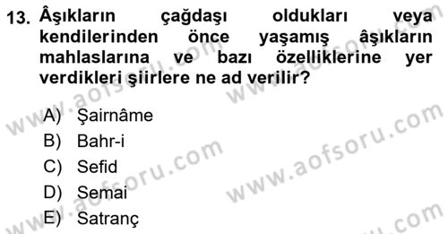Türk Halk Şiiri Dersi 2022 - 2023 Yılı (Final) Dönem Sonu Sınav Soruları 13. Soru