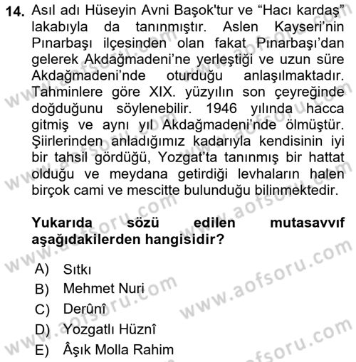 Türk Halk Şiiri Dersi 2022 - 2023 Yılı (Final) Dönem Sonu Sınav Soruları 14. Soru