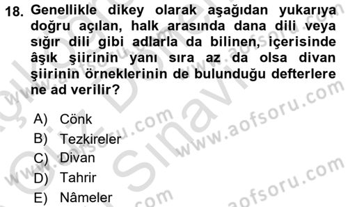 Türk Halk Şiiri Dersi 2022 - 2023 Yılı (Final) Dönem Sonu Sınav Soruları 18. Soru