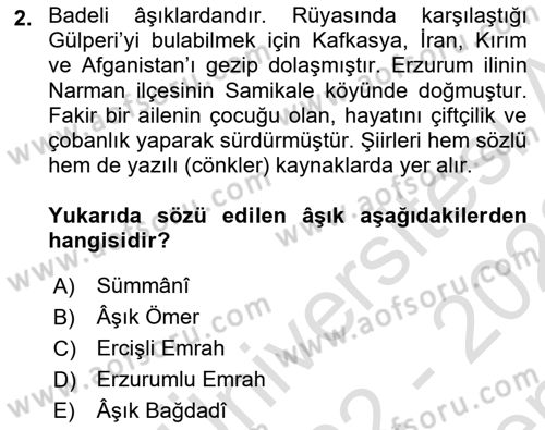 Türk Halk Şiiri Dersi 2022 - 2023 Yılı (Final) Dönem Sonu Sınav Soruları 2. Soru