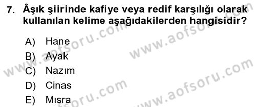 Türk Halk Şiiri Dersi 2022 - 2023 Yılı (Final) Dönem Sonu Sınav Soruları 7. Soru