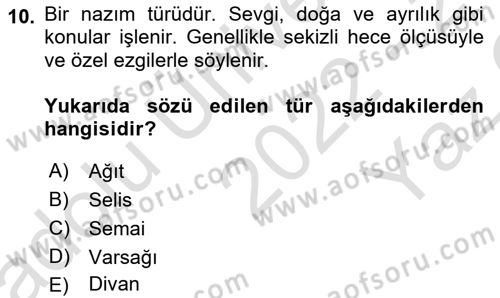 Türk Halk Şiiri Dersi 2022 - 2023 Yılı Yaz Okulu Sınav Soruları 10. Soru