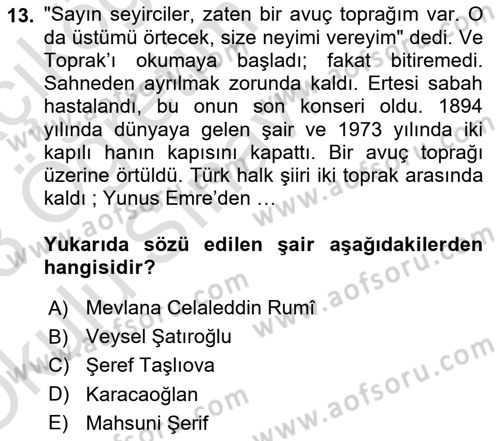 Türk Halk Şiiri Dersi 2022 - 2023 Yılı Yaz Okulu Sınav Soruları 13. Soru