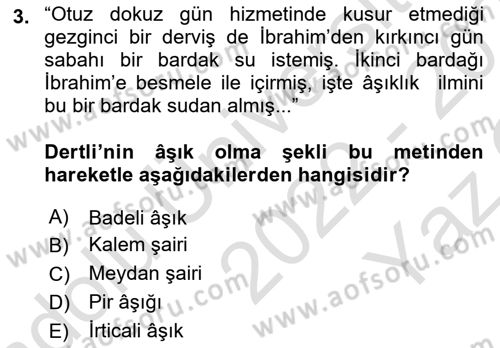 Türk Halk Şiiri Dersi 2022 - 2023 Yılı Yaz Okulu Sınav Soruları 3. Soru