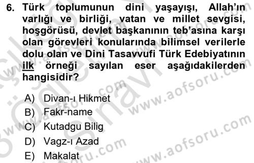 Türk Halk Şiiri Dersi 2022 - 2023 Yılı Yaz Okulu Sınav Soruları 6. Soru